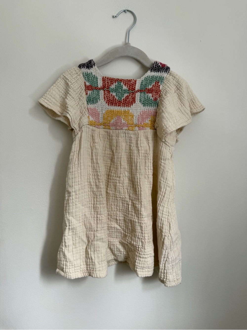 Zara Cream Smocked Cotton Dress with Colorful Floral Yoke (Size 2-3)